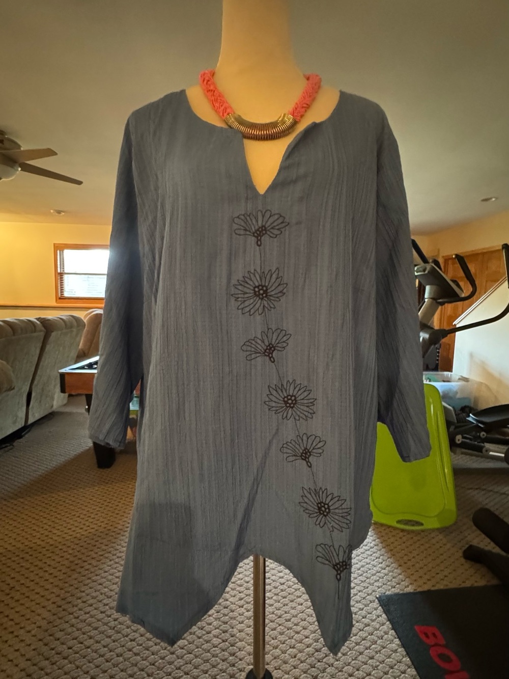 Blue Floral Embroidered Split-Neck Women's Tunic